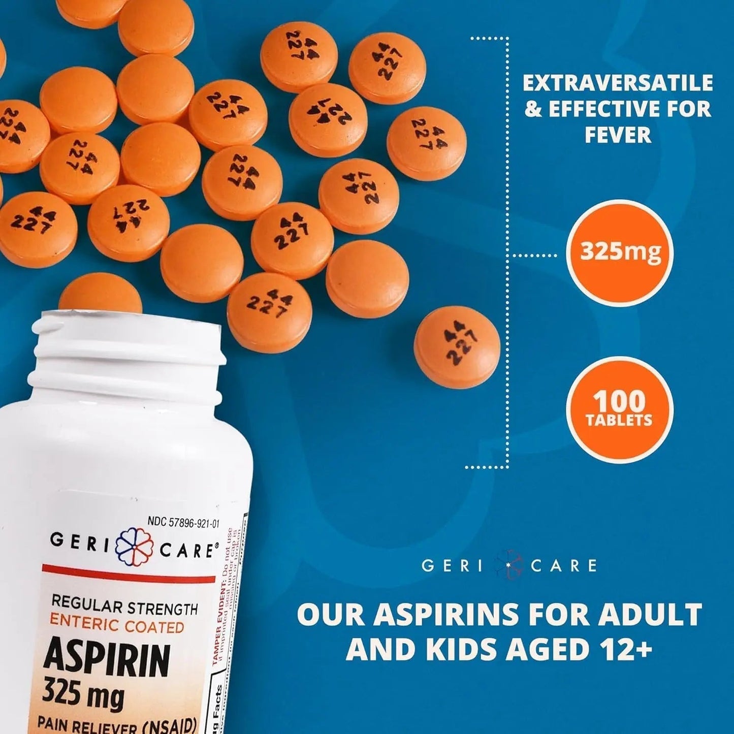 Enteric Coated Aspirin Tablets 325mg (100 Count) by GeriCare- NSAID Pain Reliever & Fever Reducer Coated Aspirin for Adults- Regular Strength Aspirin for Headache Arthritis Menstrual & Muscle Pain - dailyvitalstore