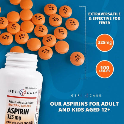 Enteric Coated Aspirin Tablets 325mg (100 Count) by GeriCare- NSAID Pain Reliever & Fever Reducer Coated Aspirin for Adults- Regular Strength Aspirin for Headache Arthritis Menstrual & Muscle Pain - dailyvitalstore