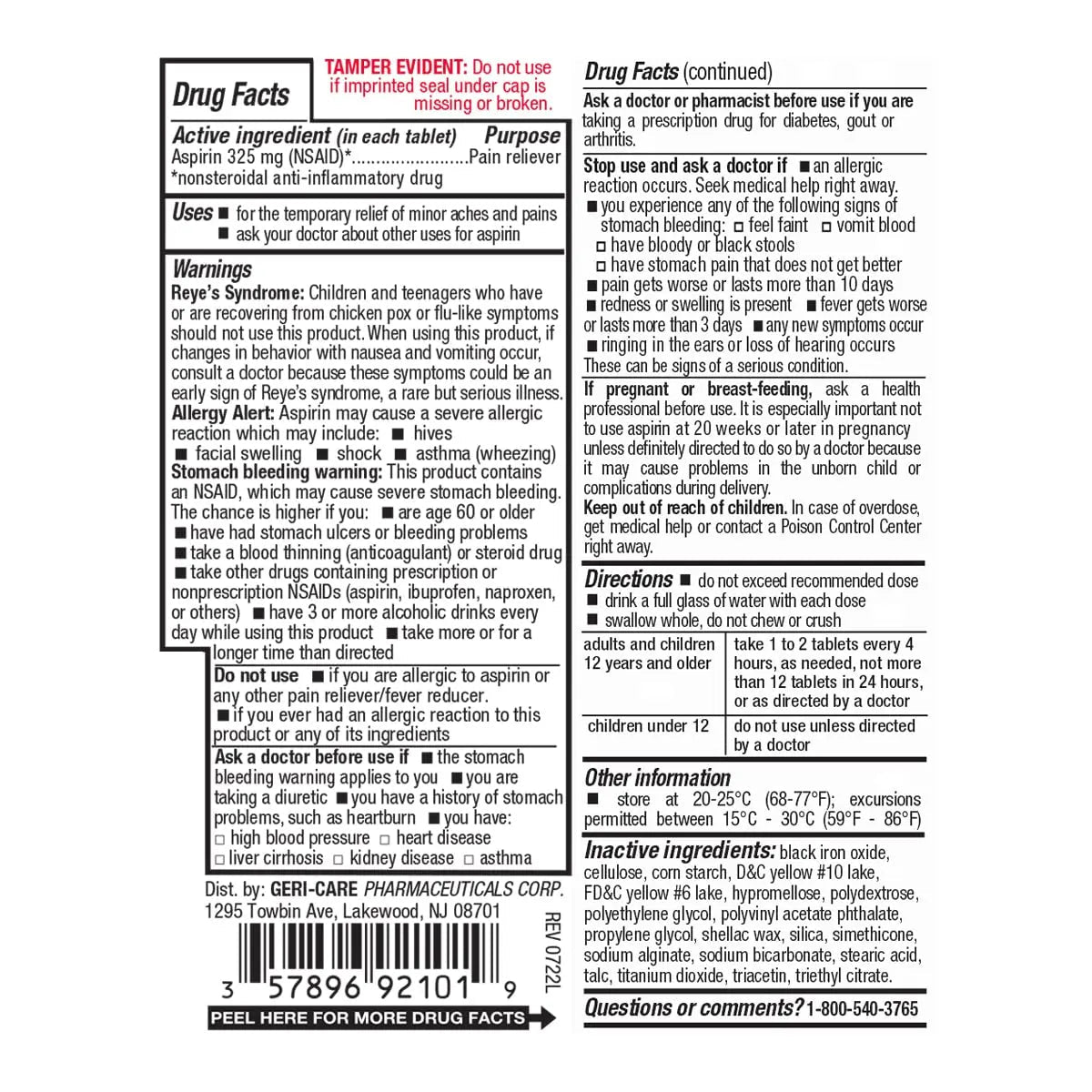 Enteric Coated Aspirin Tablets 325mg (100 Count) by GeriCare- NSAID Pain Reliever & Fever Reducer Coated Aspirin for Adults- Regular Strength Aspirin for Headache Arthritis Menstrual & Muscle Pain - dailyvitalstore