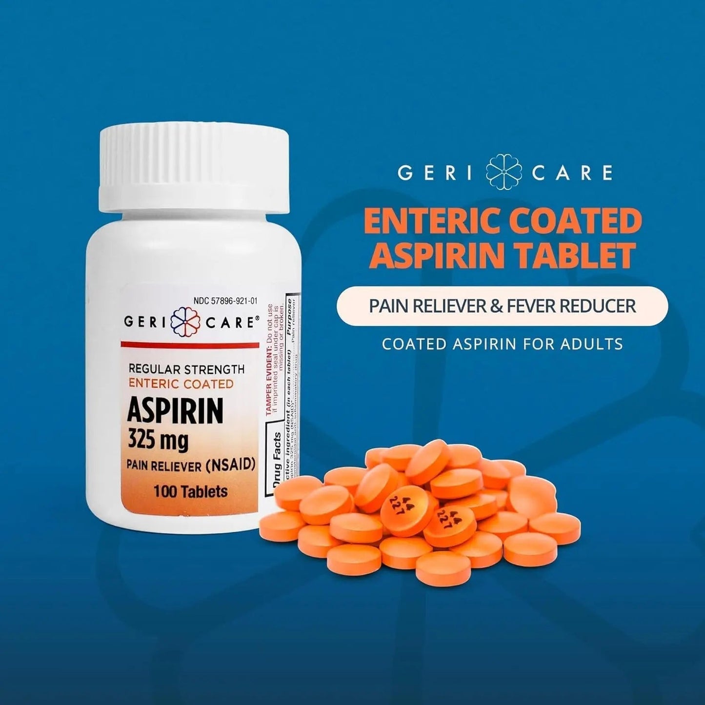 Enteric Coated Aspirin Tablets 325mg (100 Count) by GeriCare- NSAID Pain Reliever & Fever Reducer Coated Aspirin for Adults- Regular Strength Aspirin for Headache Arthritis Menstrual & Muscle Pain - dailyvitalstore