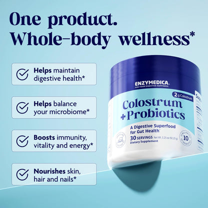 Enzymedica Colostrum + Probiotics Powder Supplement - Grass Fed Bovine Colostrum for Women & Men, Peptide & Lactoferrin Support, Promotes Hair, Skin, Nails, Immune & Gut Health, Gluten Free - 3.25 oz - dailyvitalstore