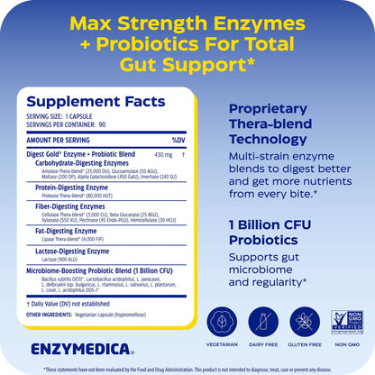 Enzymedica Digest Gold + Probiotics - Digestive Enzyme Supplement for Women & Men, Enzyme and Probiotic Capsules for Digestion, Gut Health Support, - dailyvitalstore