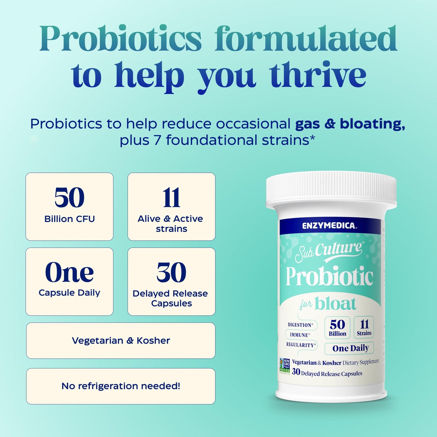 Enzymedica SubCulture Probiotic for Bloat & Digestive Health - Probiotic Supplement Capsules for Women & Men, 50 Billion CFU, Gut Health Support for Adults, - dailyvitalstore
