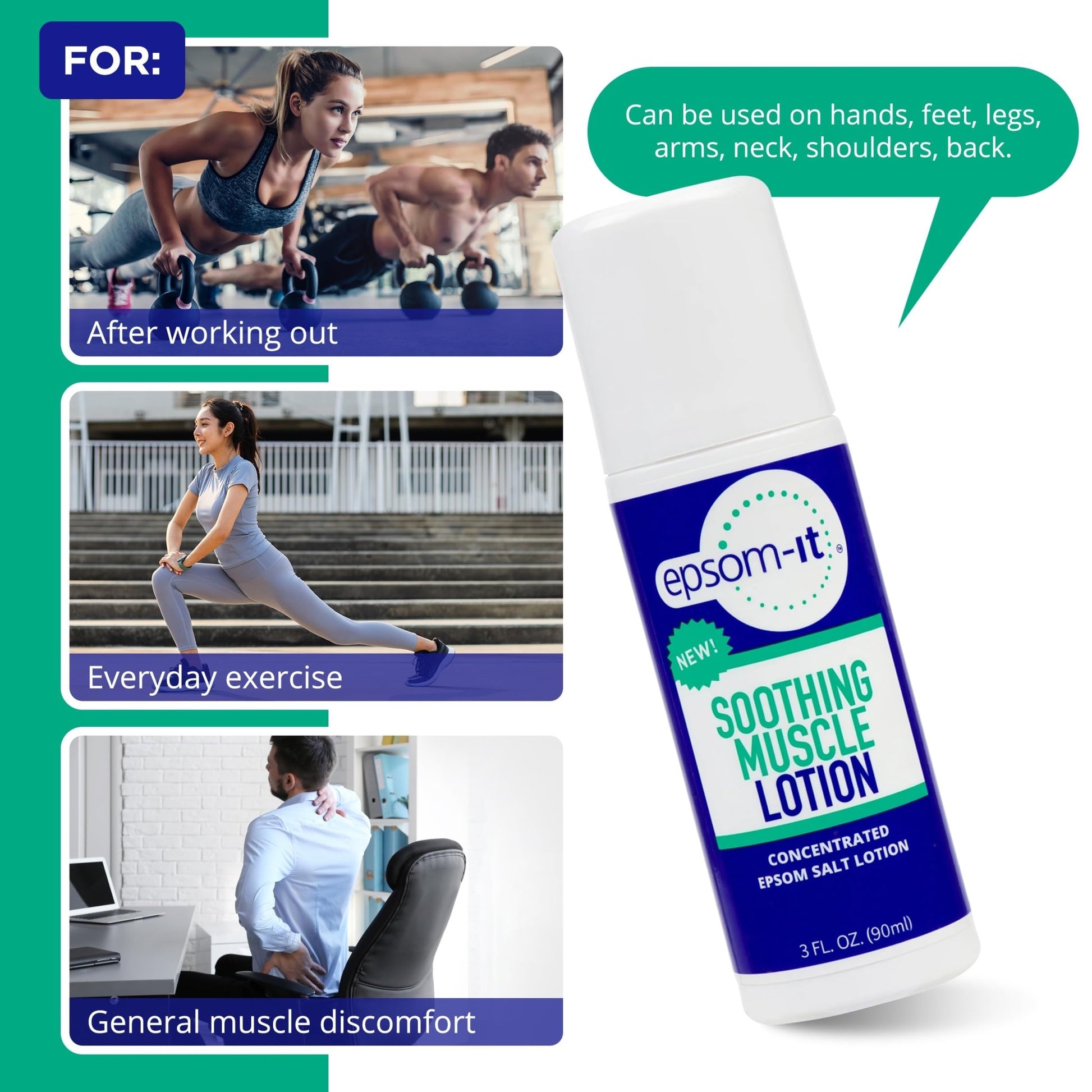 EPSOM-IT Soothing Muscle Lotion - Roll On Epsom Salt Lotion with Arnica for Muscle Stiffness, Leg, Knees and Feet Discomfort, Topical Magnesium Cream, 3oz, 2-Pack - dailyvitalstore