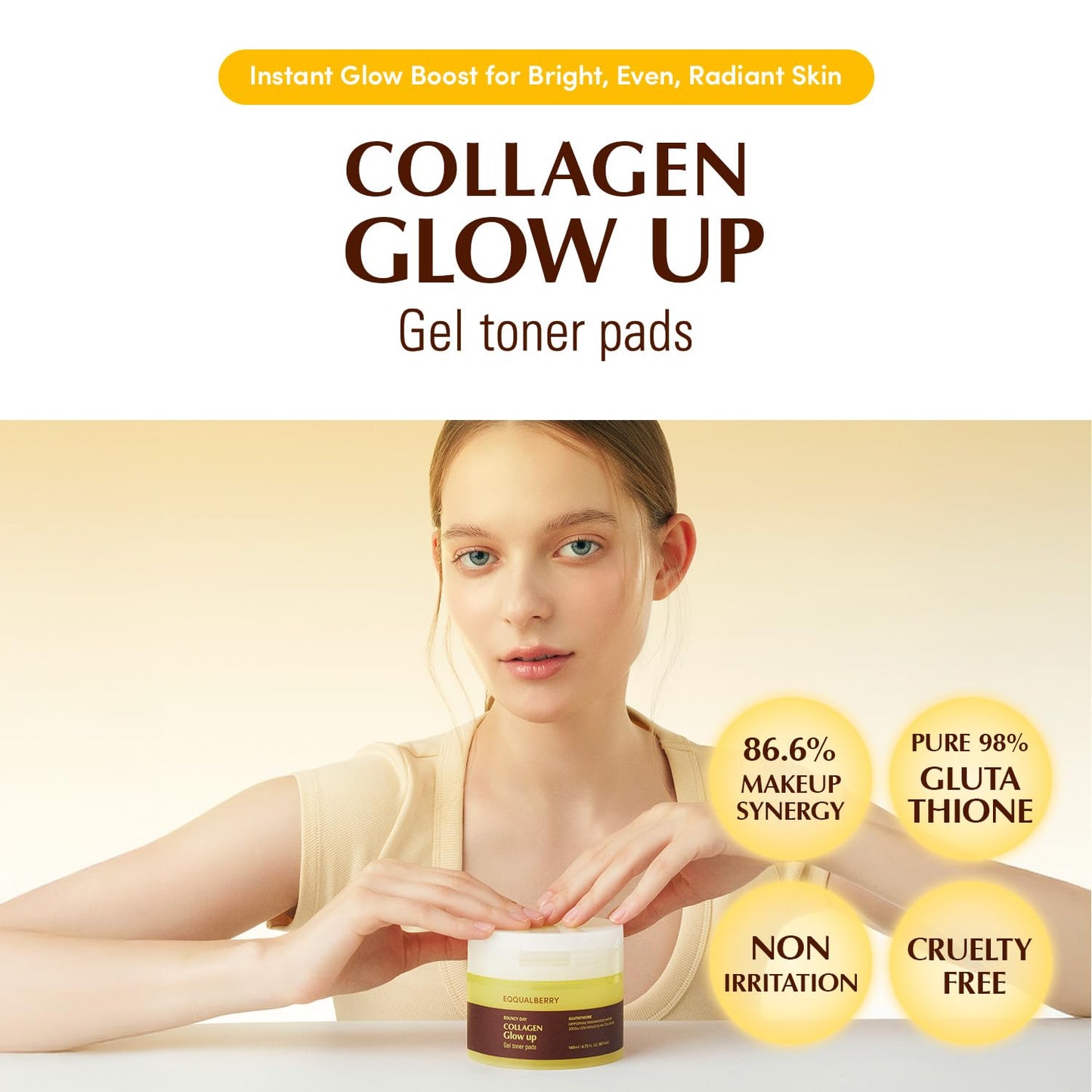 EQQUALBERRY Collagen Glow Up Gel Toner Pads – Brightening Korean Jelly Pad with Deep Absorption Collagen, Hydrating & Glow-Boosting Formula, - dailyvitalstore