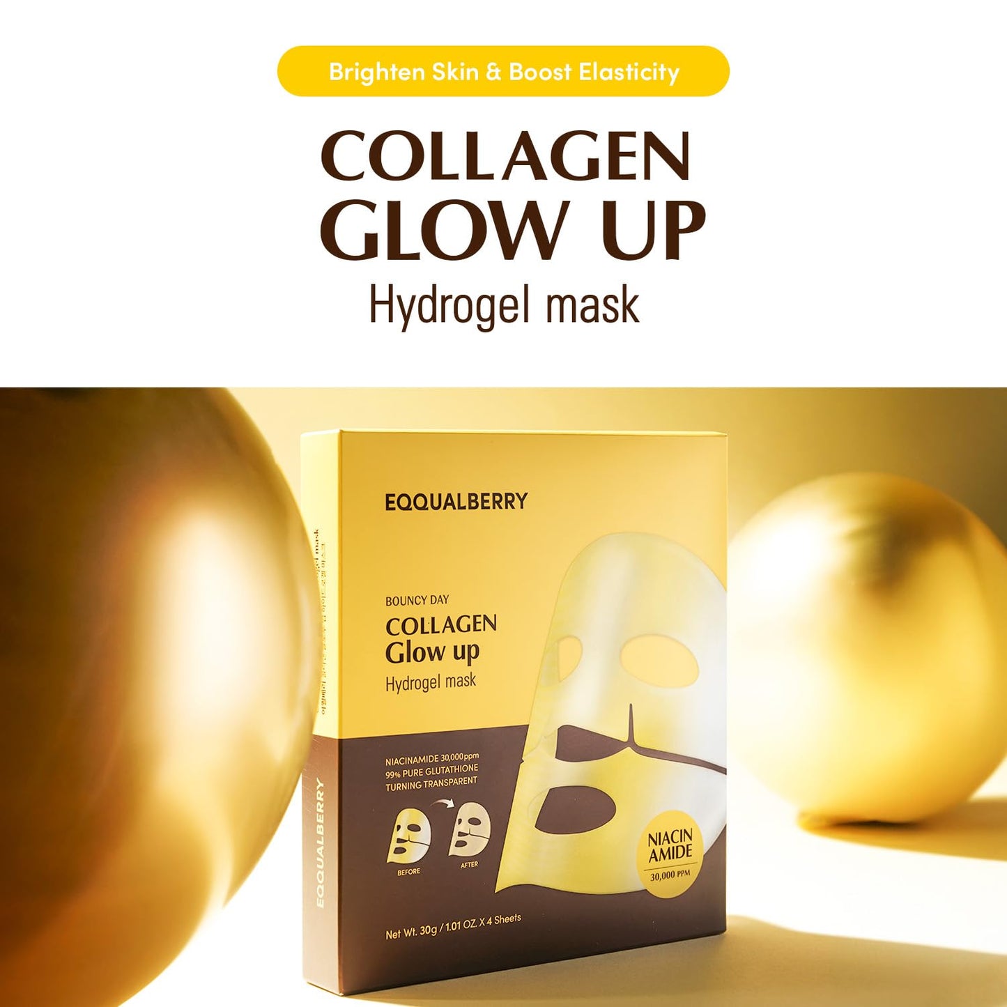 EQQUALBERRY Collagen Glow Up Mask - Niacinamide & Low Molecular Collagen for Brightening and Radiance Boosting | Korean Collagen Face Mask - dailyvitalstore