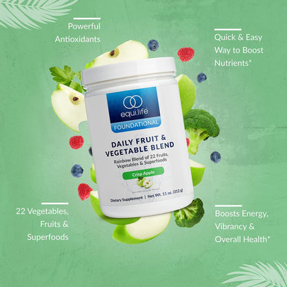 Equilife Daily Fruit & Vegetable Blend, Superfood Antioxidant Supplement, Crisp Apple Flavor with Vitamin C, Fiber, and 9 Essential Amino Acids, Supports Energy, Low Sugar, Vegan, 30 Servings Tub - dailyvitalstore