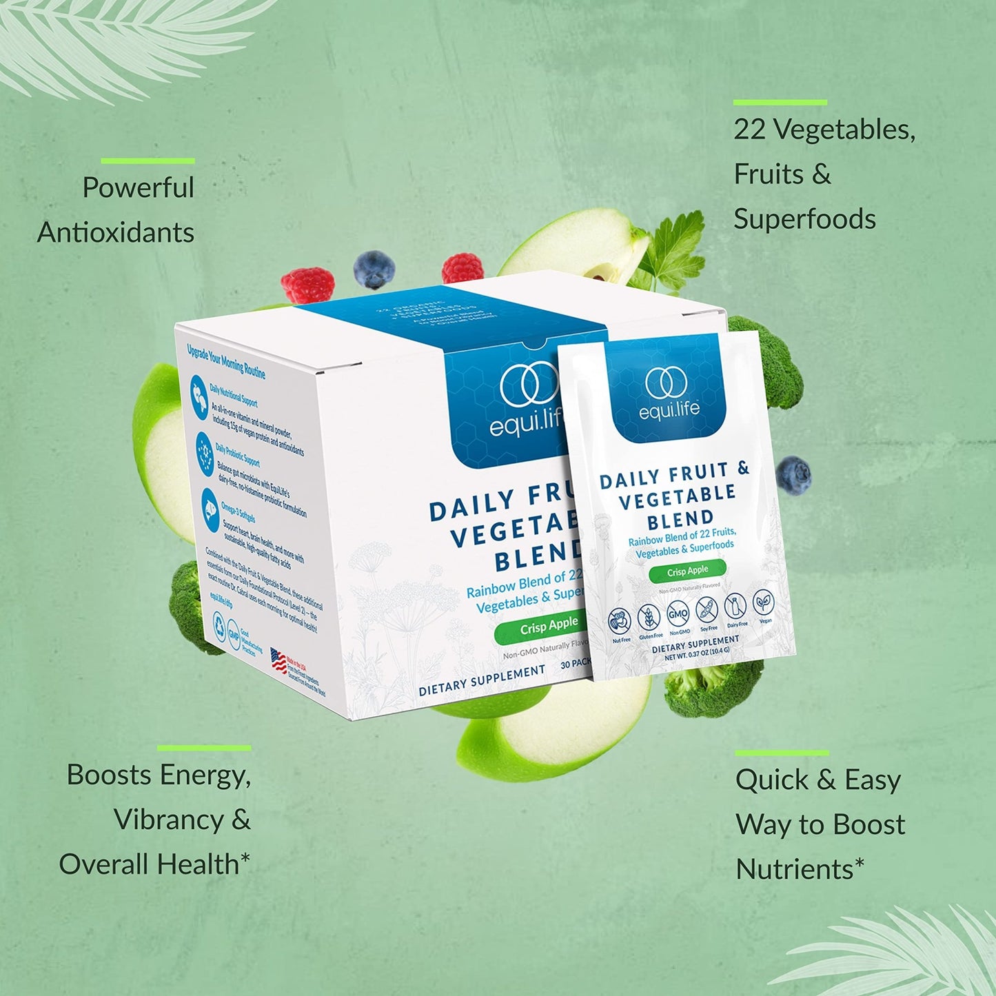 Equilife Daily Fruit & Vegetable Blend, Superfood Antioxidant Supplement, Crisp Apple Flavor with Vitamin C, Fiber, and 9 Essential Amino Acids, Supports Energy, Vegan, 14 Single Serve Packets - dailyvitalstore