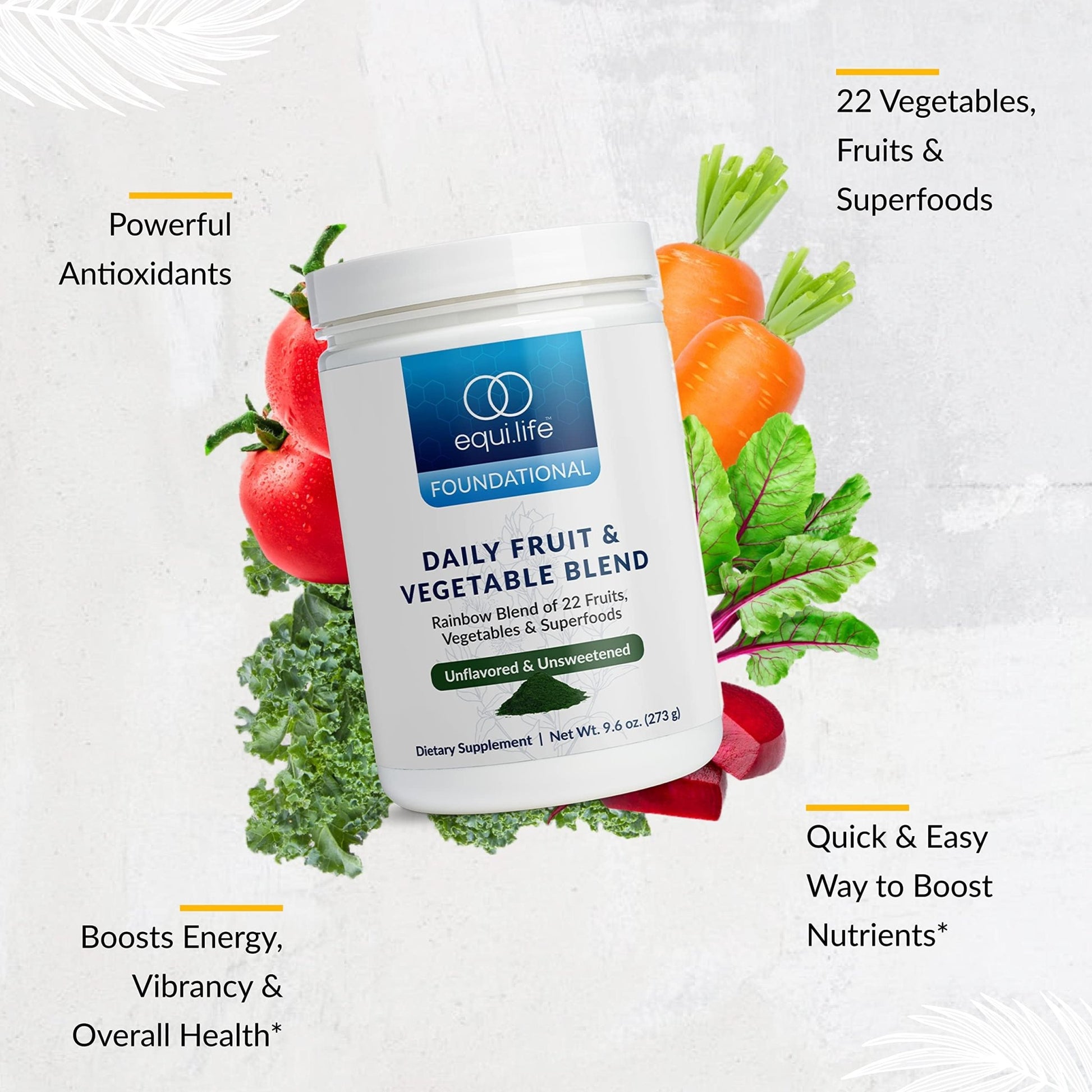 Equilife Daily Fruit & Vegetable Blend, Superfood Antioxidant Supplement with 22 Organic Fruits & Vegetables, Unflavored, Vitamin C, Fiber, 9 Essential Amino Acids, Supports Energy, 30 Servings Tub - dailyvitalstore