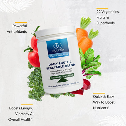 Equilife Daily Fruit & Vegetable Blend, Superfood Antioxidant Supplement with 22 Organic Fruits & Vegetables, Unflavored, Vitamin C, Fiber, 9 Essential Amino Acids, Supports Energy, 30 Servings Tub - dailyvitalstore