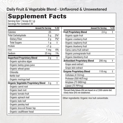 Equilife Daily Fruit & Vegetable Blend, Superfood Antioxidant Supplement with 22 Organic Fruits & Vegetables, Unflavored, Vitamin C, Fiber, 9 Essential Amino Acids, Supports Energy, 30 Servings Tub - dailyvitalstore