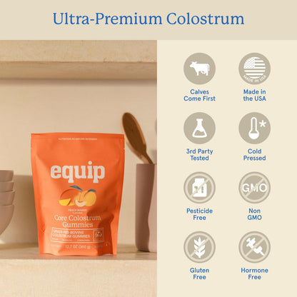 Equip Foods Core Bovine Colostrum Gummies, Delicious 1g Per Seving Grass Fed Colostrum Supplement - Gut Health, Immunity, Recovery, Hair & Skin - 60 Bovine Colostrum Gummies, - dailyvitalstore