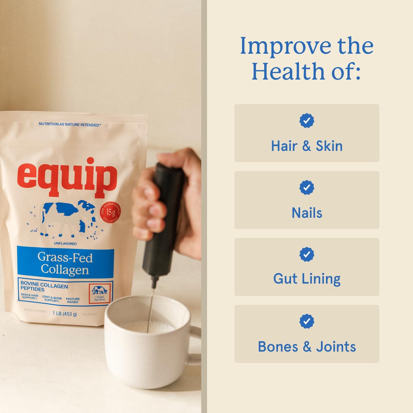 Equip Foods Grass Fed Collagen Powder | Hydrolyzed Bovine Collagen Peptides with Amino Acids | Prime Beef Collagen for Healthy Joints, Skin & Nails | Non-GMO, Paleo Friendly - dailyvitalstore