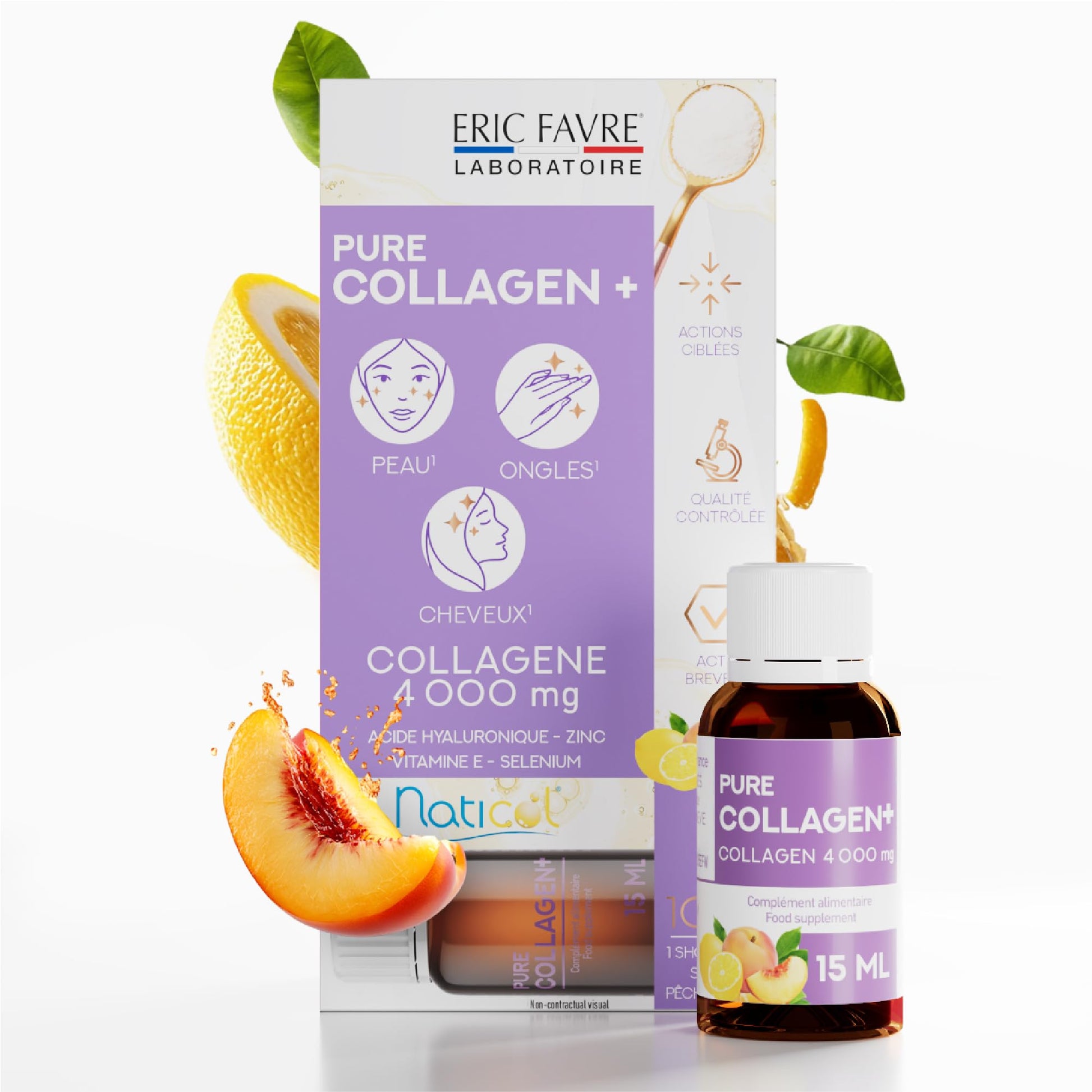 ERIC FAVRE Pure Collagen+ Liquid Collagen for Women – 4000mg Marine Peptides for Radiant Skin, Hair & Nail Health – Hyaluronic Acid, Vitamin E – 10 Shots, Peach Lemon Flavor - dailyvitalstore