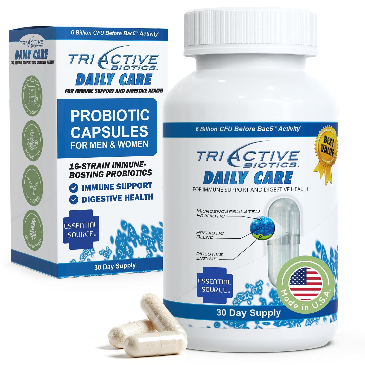 Essential Source TriActive Biotics Daily Care – Probiotics for Women and Men, 6 Billion CFU with Prebiotic Blend – Daily Digestive and Immune Support Gut Health Supplement – 30 Capsules - dailyvitalstore