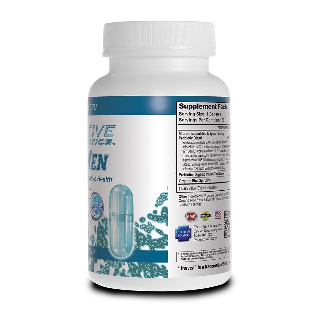 Essential Source TriActive Biotics for Men - Probiotic Capsules, 30 Billion CFU with Prebiotics & Blue Spirulina, Shelf Stable, Allergen Free, Digestive & Immune Support, 30 Count - dailyvitalstore
