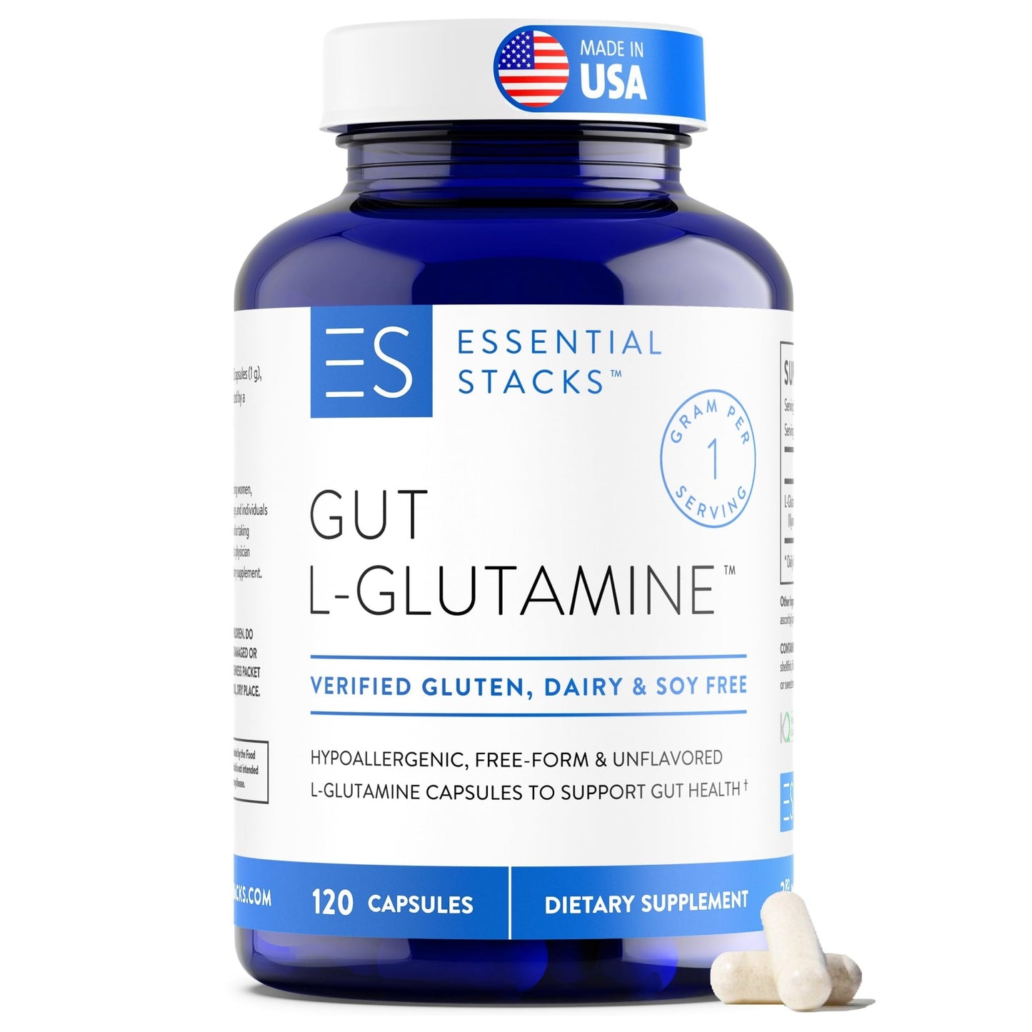 Essential Stacks Gut L-Glutamine Capsules 1000mg (Made in USA) - Gluten, Dairy & Soy Free, Non-GMO L Glutamine for Gut Health - 60 Serves (120 Caps) - dailyvitalstore