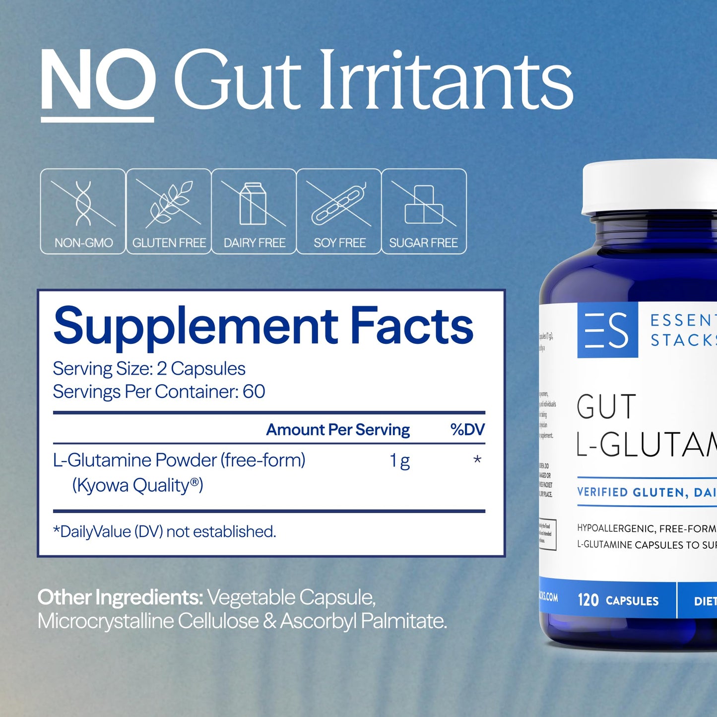 Essential Stacks Gut L-Glutamine Capsules 1000mg (Made in USA) - Gluten, Dairy & Soy Free, Non-GMO L Glutamine for Gut Health - 60 Serves (120 Caps) - dailyvitalstore