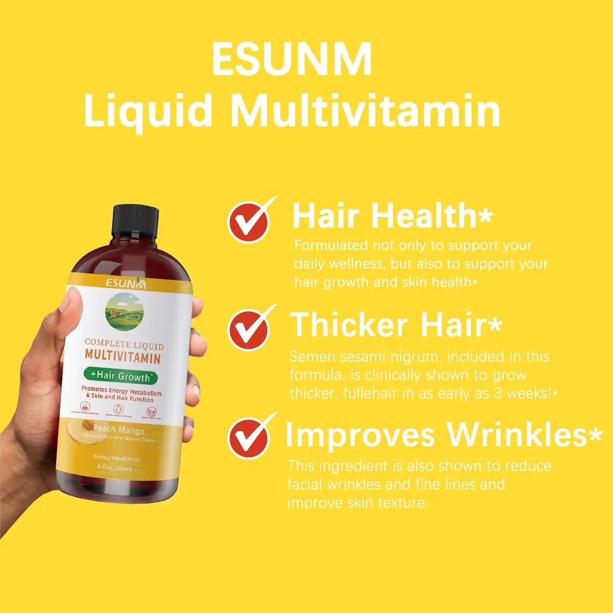 ESUNM Complete Liquid Multivitamin + Hair Growth, Promotes Energy Metabolism& Skin and Hair Function| Vitamin C D | B Vitamins | - dailyvitalstore