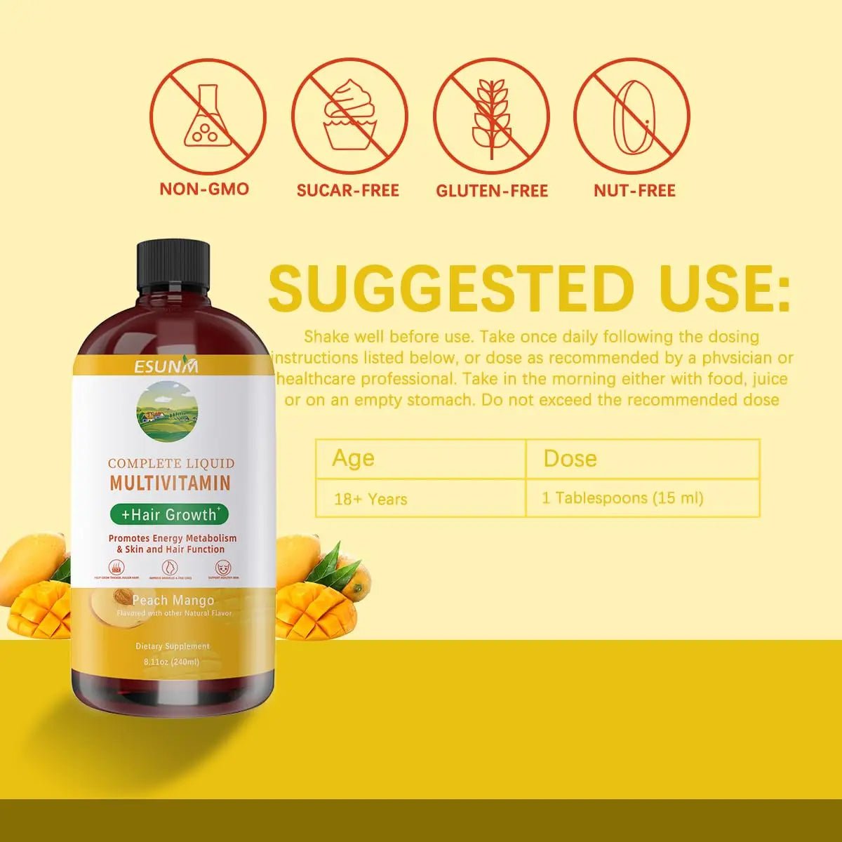 ESUNM Complete Liquid Multivitamin + Hair Growth, Promotes Energy Metabolism& Skin and Hair Function| Vitamin C D | B Vitamins | - dailyvitalstore