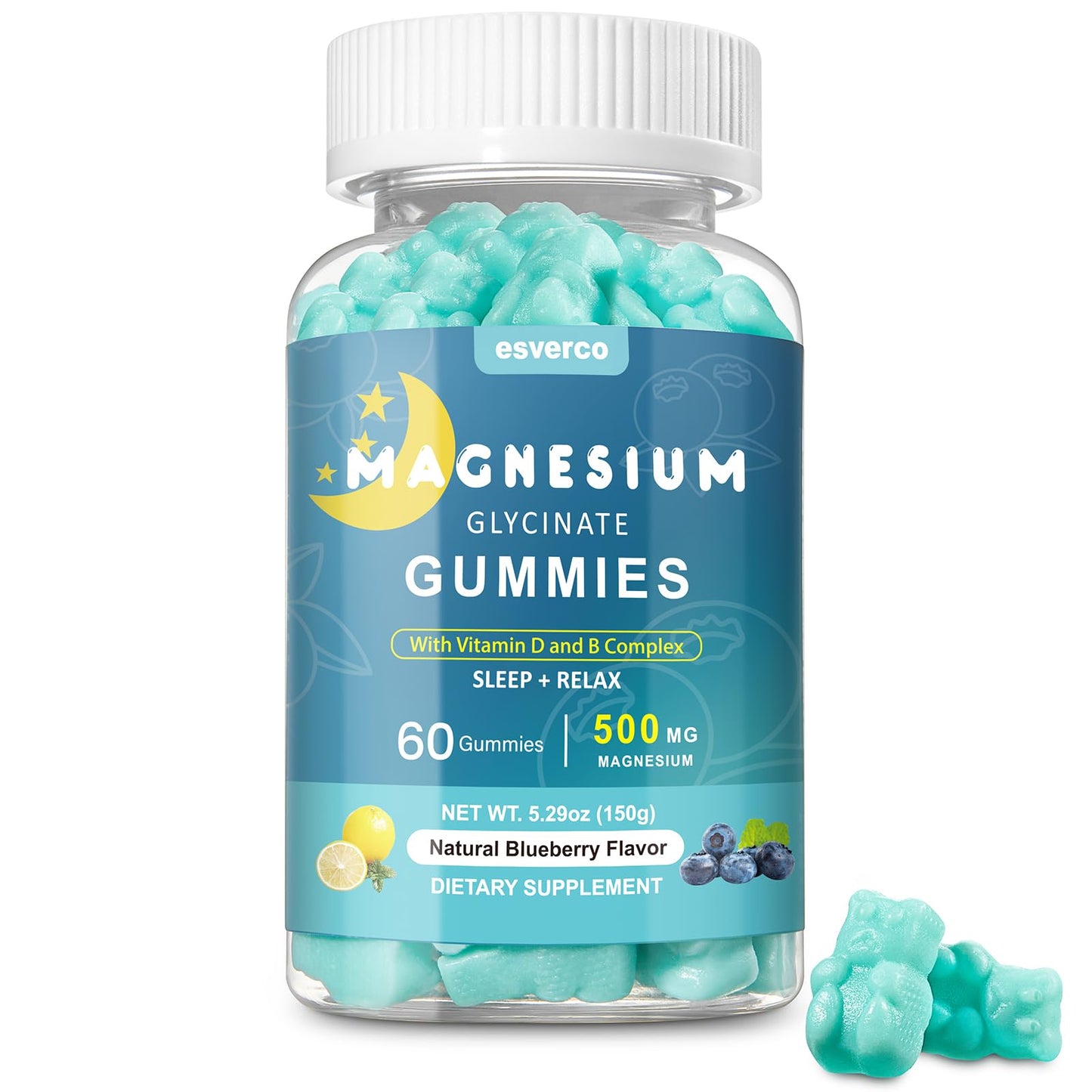 Esverco Magnesium Glycinate Gummies 500mg Sleep for Men & Women Vitamin C, Vegan Promotes Relaxation Muscle, Chewable Magnesium, No Melatonin, Non GMO, Natural Blueberry Flavor, 60 Count - dailyvitalstore