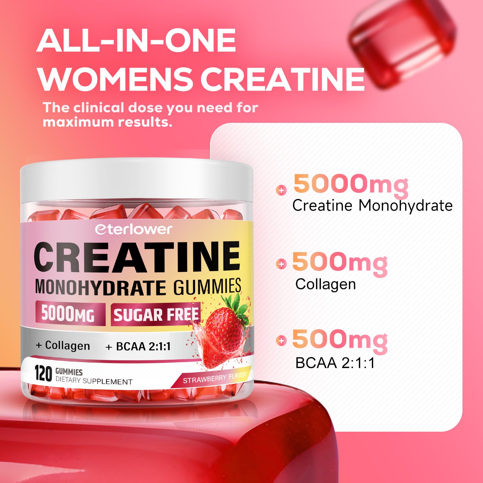 eterlower Creatine Monohydrate Gummies, 5g Creatine Gummies for Women & Men.Pre-Workout & Muscle Growth Support, - dailyvitalstore