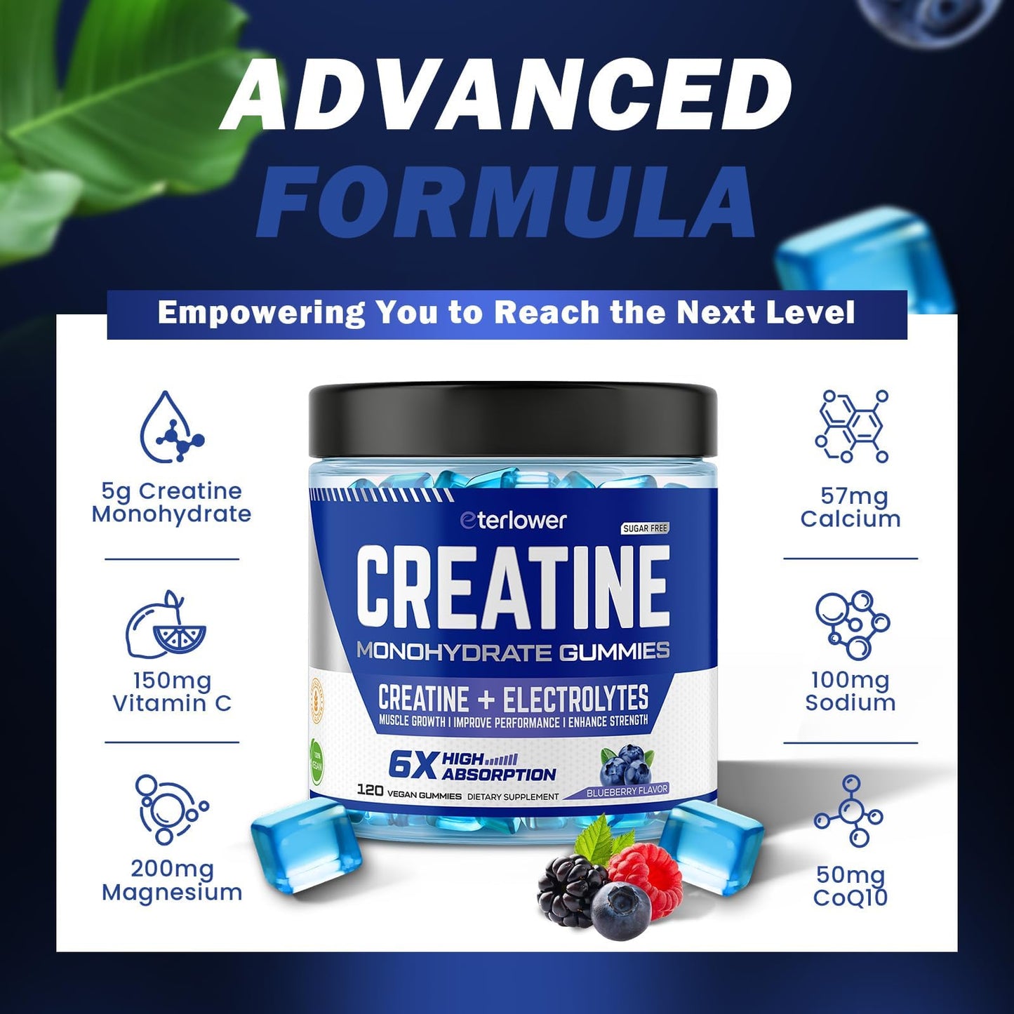eterlower Creatine Monohydrate Gummies 5g – Pre-Workout Energy & Muscle Growth Support for Men & Women | Blueberry Electrolyte Gummies, 120 Count - dailyvitalstore