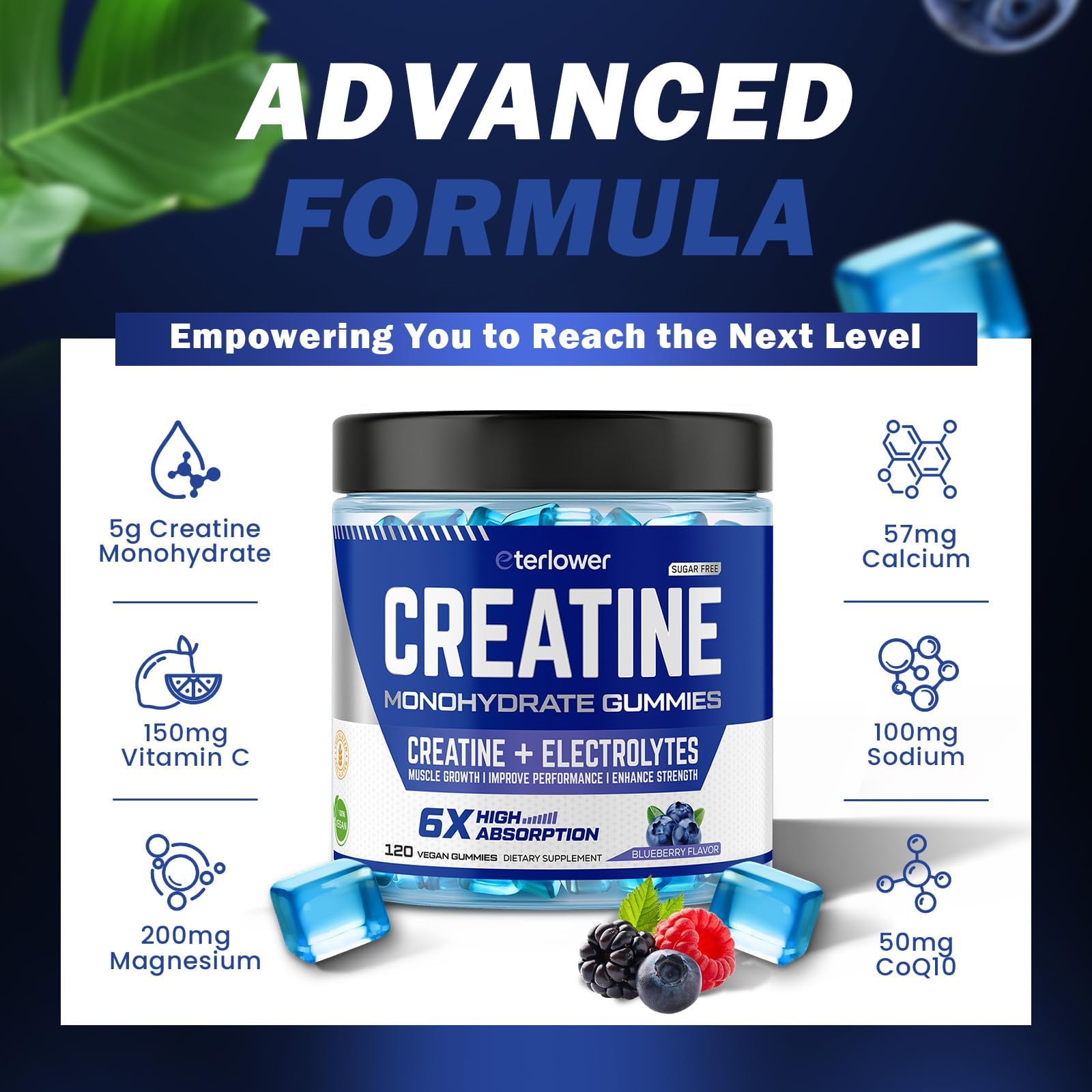 eterlower Creatine Monohydrate Gummies 5g – Pre-Workout Energy & Muscle Growth Support for Men & Women | Blueberry Electrolyte Gummies, 120 Count - dailyvitalstore