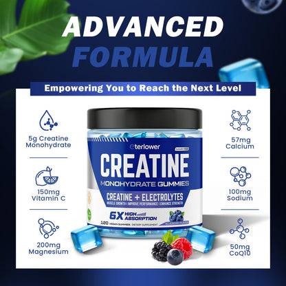 eterlower Creatine Monohydrate Gummies 5g – Pre-Workout Energy & Muscle Growth Support for Men & Women | Blueberry Electrolyte Gummies, 120 Count - dailyvitalstore