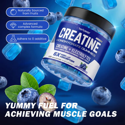 eterlower Creatine Monohydrate Gummies 5g – Pre-Workout Energy & Muscle Growth Support for Men & Women | Blueberry Electrolyte Gummies, 120 Count - dailyvitalstore