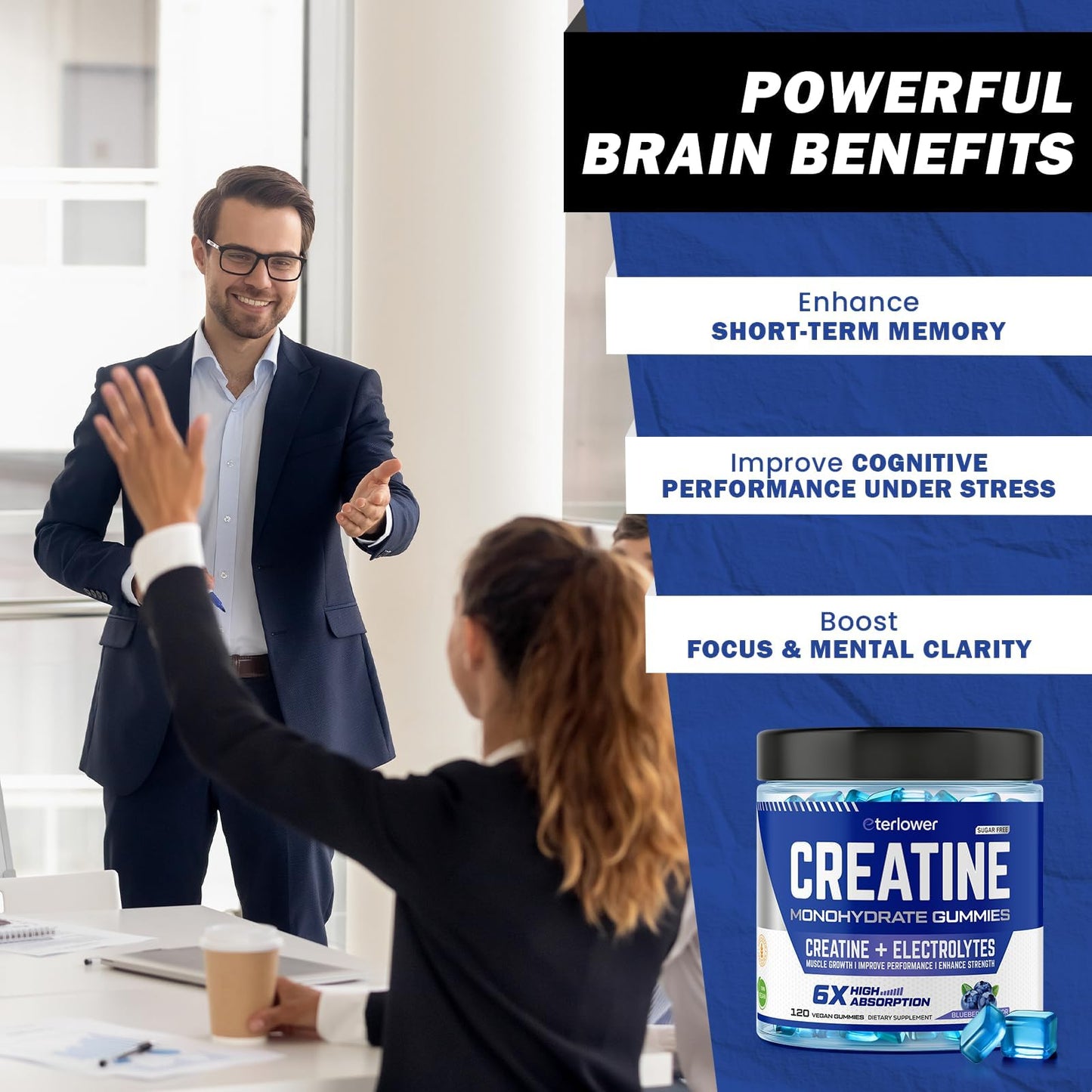eterlower Creatine Monohydrate Gummies 5g – Pre-Workout Energy & Muscle Growth Support for Men & Women | Blueberry Electrolyte Gummies, 120 Count - dailyvitalstore