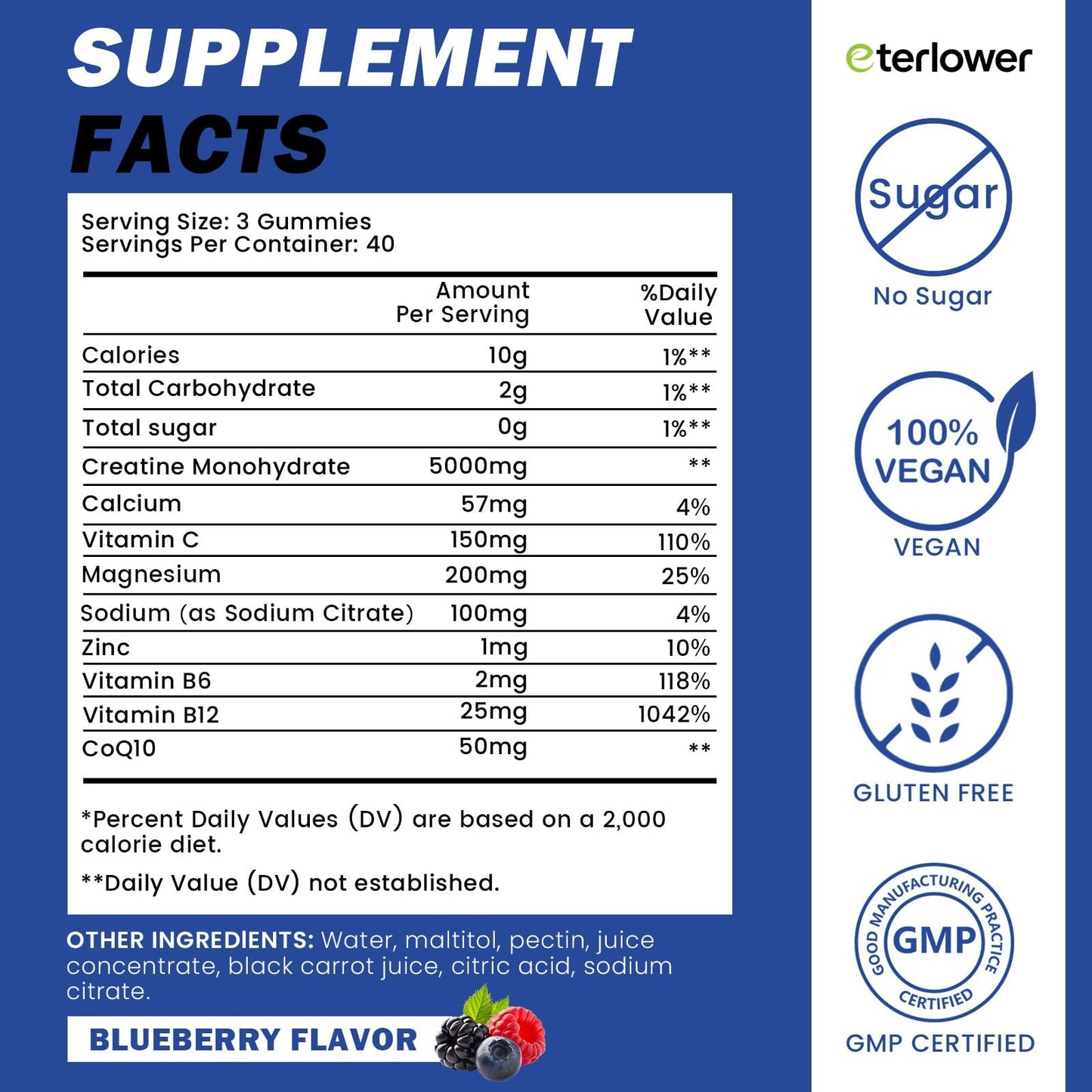 eterlower Creatine Monohydrate Gummies 5g – Pre-Workout Energy & Muscle Growth Support for Men & Women | Blueberry Electrolyte Gummies, 120 Count - dailyvitalstore