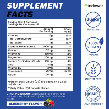 eterlower Creatine Monohydrate Gummies 5g – Pre-Workout Energy & Muscle Growth Support for Men & Women | Blueberry Electrolyte Gummies, 120 Count - dailyvitalstore