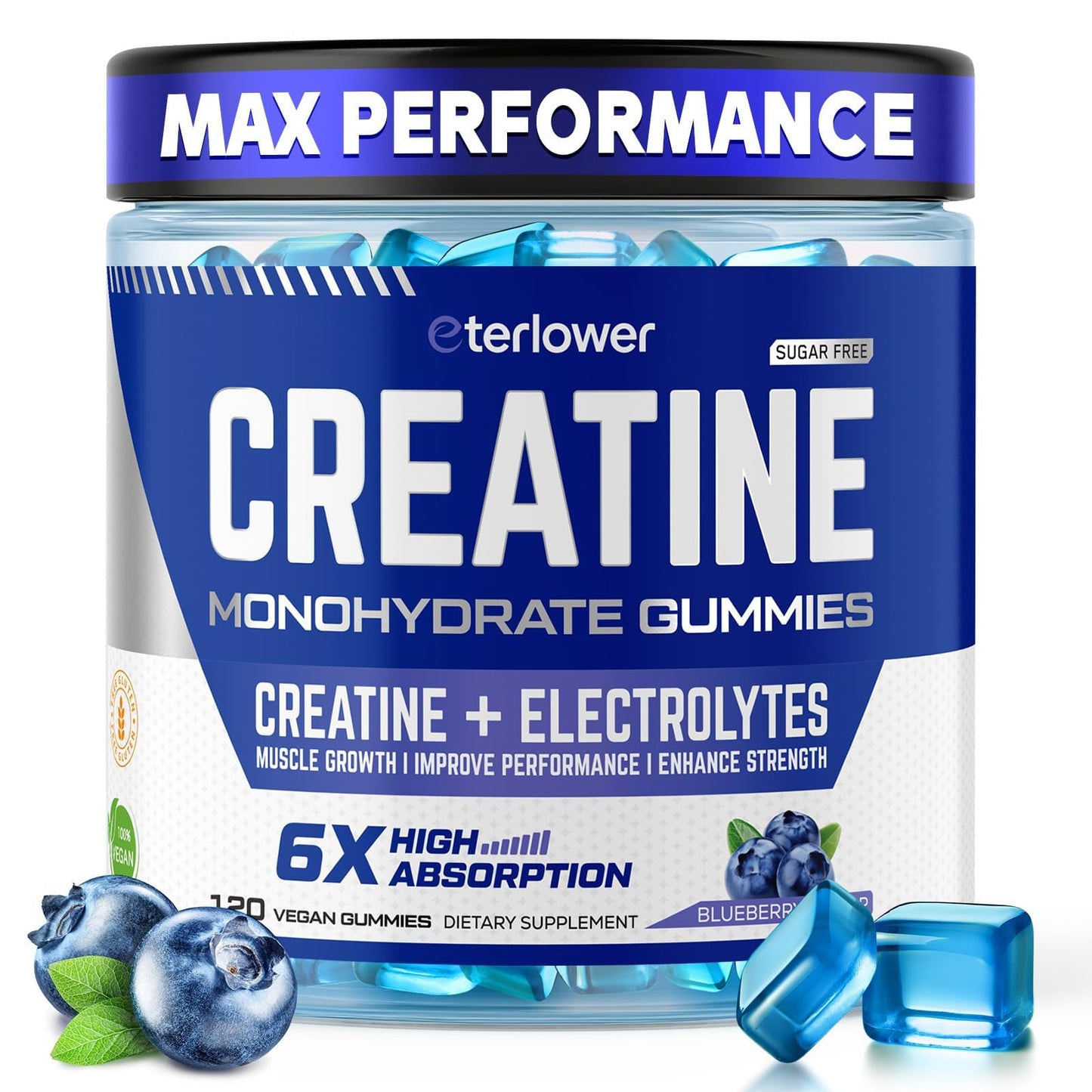 eterlower Creatine Monohydrate Gummies 5g – Pre-Workout Energy & Muscle Growth Support for Men & Women | Blueberry Electrolyte Gummies, 120 Count - dailyvitalstore