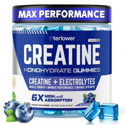 eterlower Creatine Monohydrate Gummies 5g – Pre-Workout Energy & Muscle Growth Support for Men & Women | Blueberry Electrolyte Gummies, 120 Count - dailyvitalstore