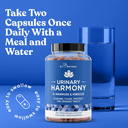 Eu Natural Urinary Harmony D-Mannose Supplement - Urinary Tract Health for Women - Fast-Acting Urinary Cleanse & Flush with Clinical-Strength D-Mannose & Hibiscus - 180 Capsules - dailyvitalstore