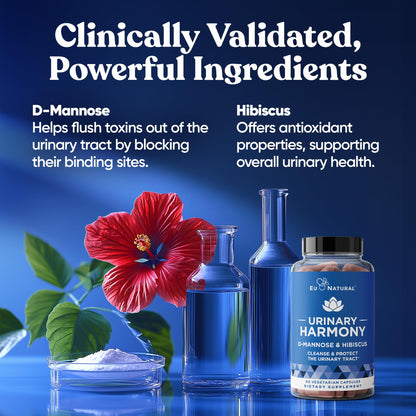 Eu Natural Urinary Harmony D-Mannose Supplement - Urinary Tract Health for Women - Fast-Acting Urinary Cleanse & Flush with Clinical-Strength D-Mannose & Hibiscus - 60 Capsules - dailyvitalstore