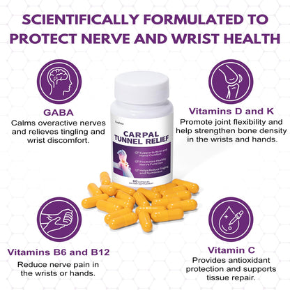 Euphea Carpal Tunnel Relief & Wrist Support Supplement, Helps Ease Tingling & Numbness,Vitamins B6, B12, C, D, K + GABA,60 Capsules - dailyvitalstore
