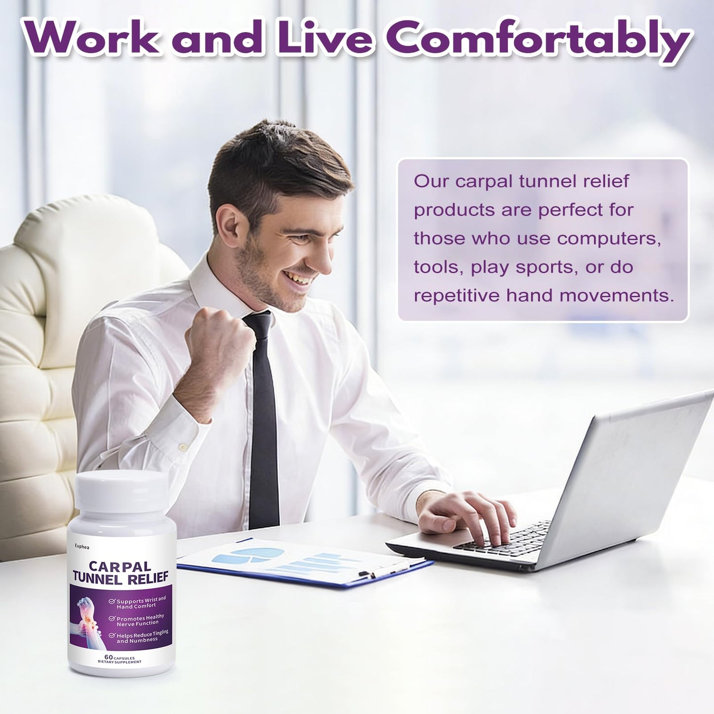 Euphea Carpal Tunnel Relief & Wrist Support Supplement, Helps Ease Tingling & Numbness,Vitamins B6, B12, C, D, K + GABA,60 Capsules - dailyvitalstore