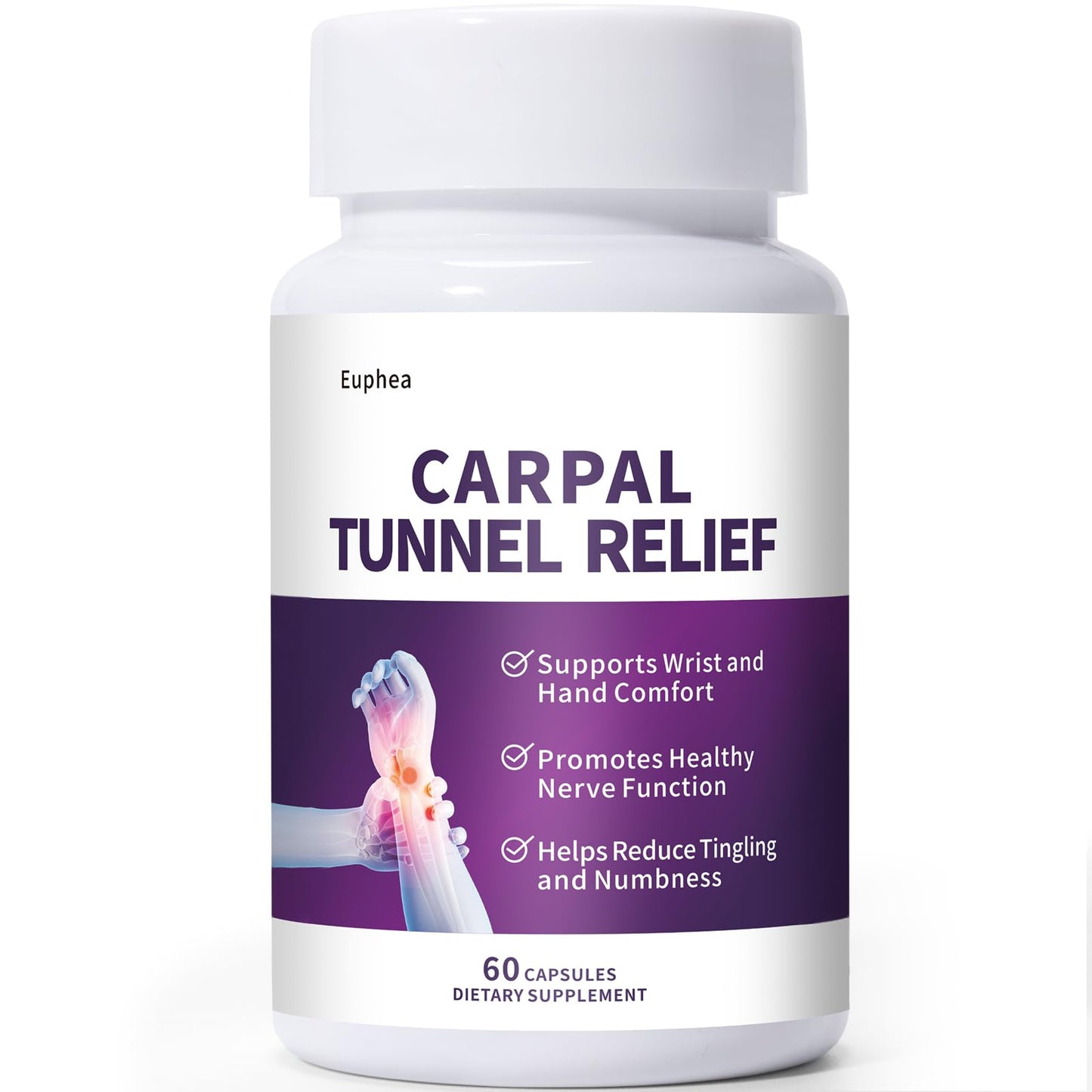 Euphea Carpal Tunnel Relief & Wrist Support Supplement, Helps Ease Tingling & Numbness,Vitamins B6, B12, C, D, K + GABA,60 Capsules - dailyvitalstore