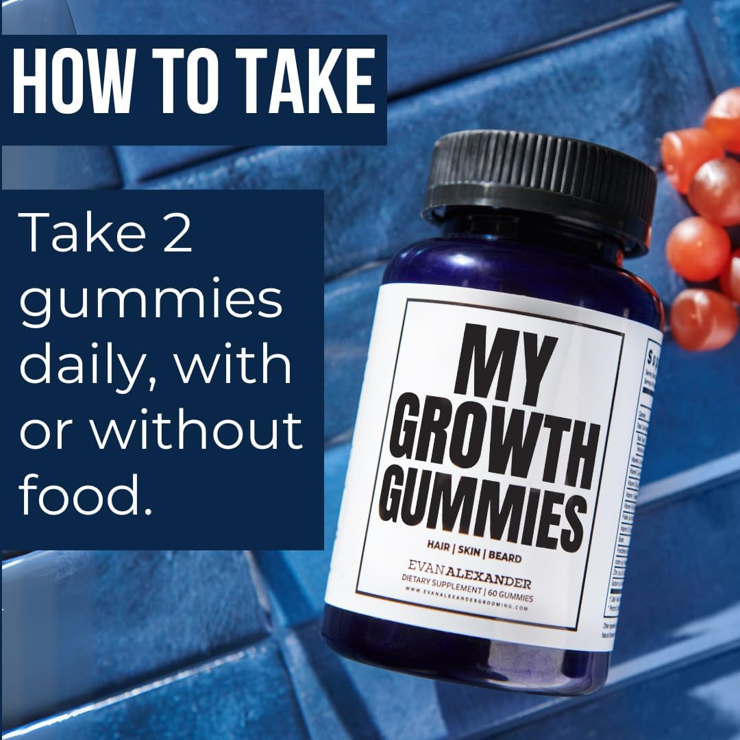 Evan Alexander Grooming My Growth Gummies | Healthy Hair & Beard Growth Support | Stronger Hair Follicles & Better Skin | Strawberry & Coconut Flavor | Vitamins C, D3, B6, B12 & Biotin | 60 Gummies - dailyvitalstore