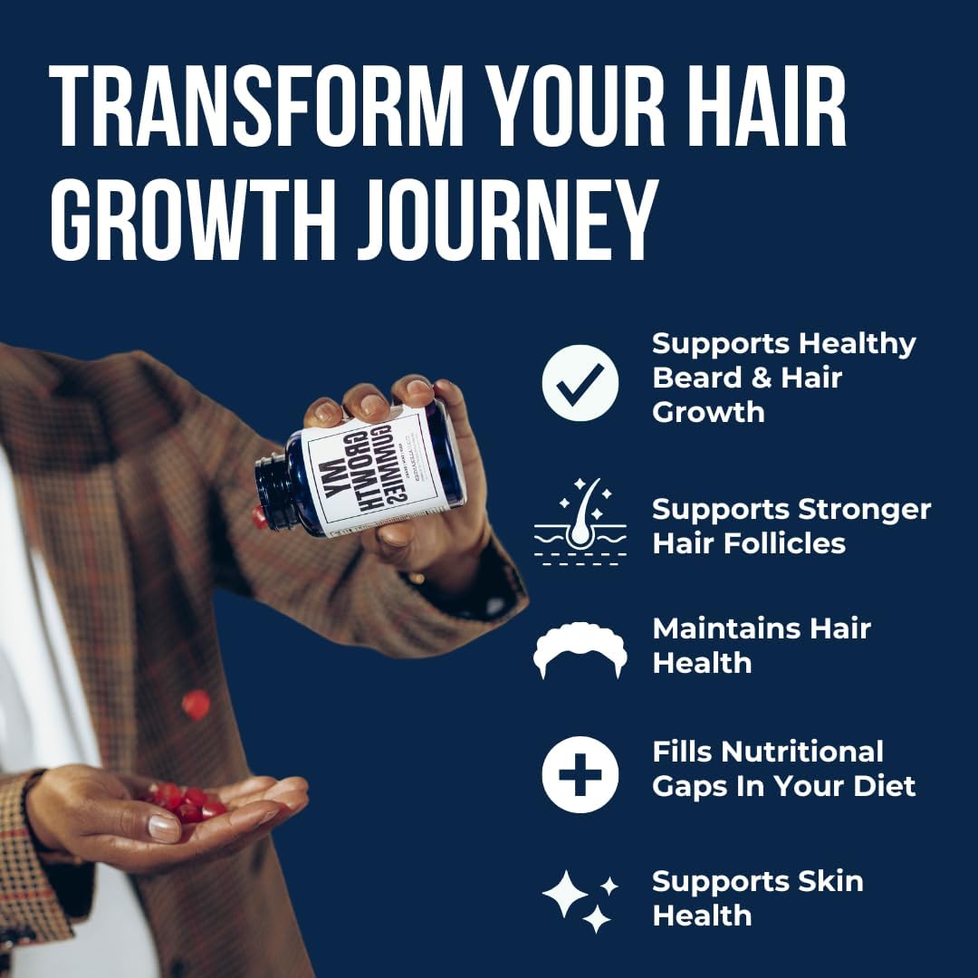 Evan Alexander Grooming My Growth Gummies | Healthy Hair & Beard Growth Support | Stronger Hair Follicles & Better Skin | Strawberry & Coconut Flavor | Vitamins C, D3, B6, B12 & Biotin | 60 Gummies - dailyvitalstore