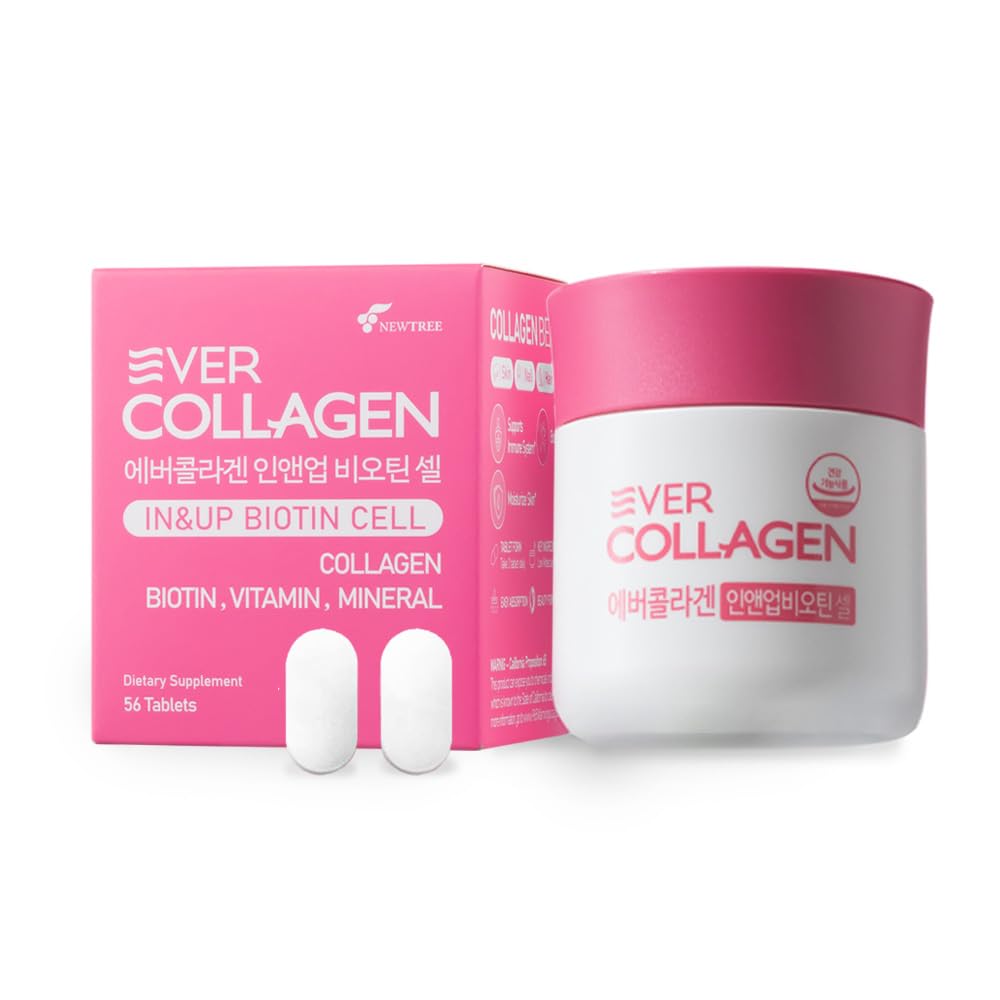Ever Collagen in&UP Biotin Cell, Low Molecular Marine Fish Collagen Peptides Tablets with Vitamin Selenium Supplements - Healthy Skin, Hair, Nail for Women - Antioxidant Supplement - dailyvitalstore