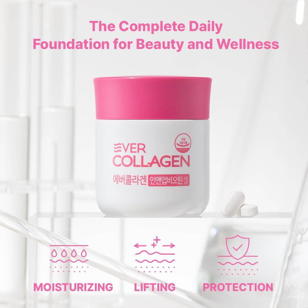 Ever Collagen in&UP Biotin Cell, Low Molecular Marine Fish Collagen Peptides Tablets with Vitamin Selenium Supplements - Healthy Skin, Hair, Nail for Women - Antioxidant Supplement - dailyvitalstore