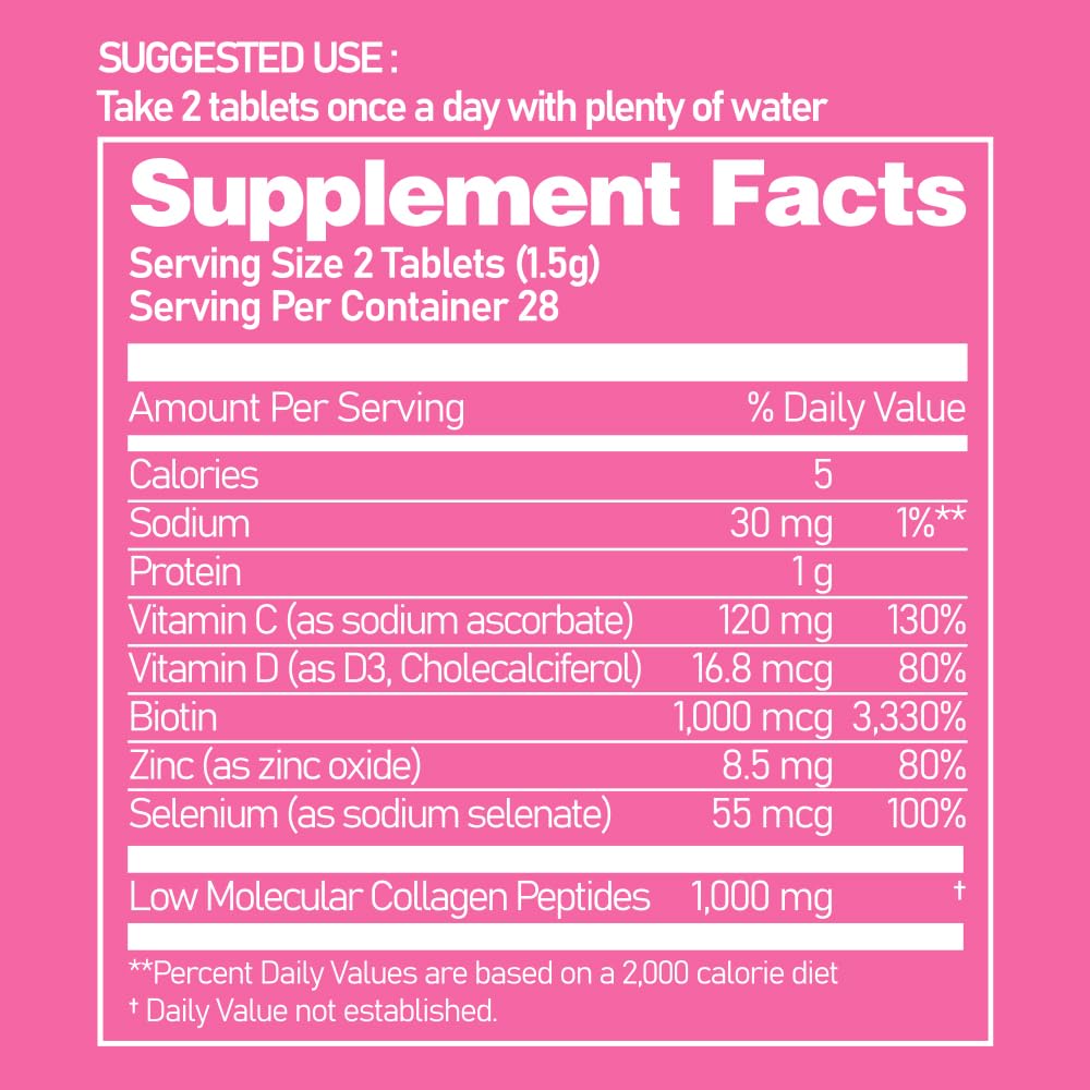 Ever Collagen in&UP Biotin Cell, Low Molecular Marine Fish Collagen Peptides Tablets with Vitamin Selenium Supplements - Healthy Skin, Hair, Nail for Women - Antioxidant Supplement - dailyvitalstore