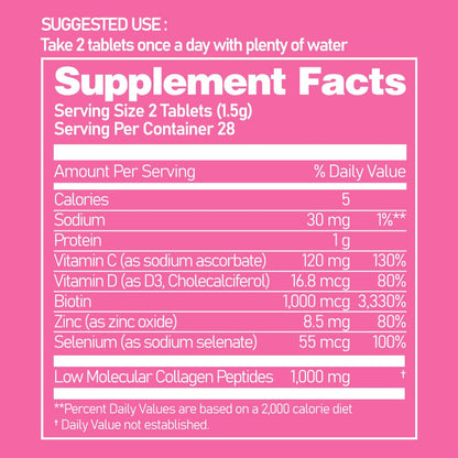 Ever Collagen in&UP Biotin Cell, Low Molecular Marine Fish Collagen Peptides Tablets with Vitamin Selenium Supplements - Healthy Skin, Hair, Nail for Women - Antioxidant Supplement - dailyvitalstore