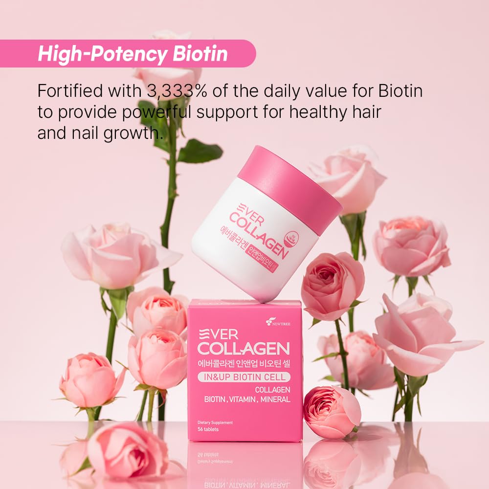 Ever Collagen in&UP Biotin Cell, Low Molecular Marine Fish Collagen Peptides Tablets with Vitamin Selenium Supplements - Healthy Skin, Hair, Nail for Women - Antioxidant Supplement - dailyvitalstore