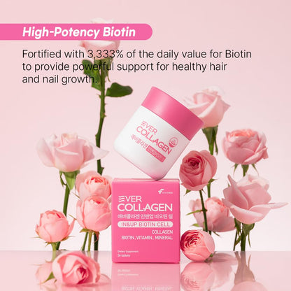 Ever Collagen in&UP Biotin Cell, Low Molecular Marine Fish Collagen Peptides Tablets with Vitamin Selenium Supplements - Healthy Skin, Hair, Nail for Women - Antioxidant Supplement - dailyvitalstore