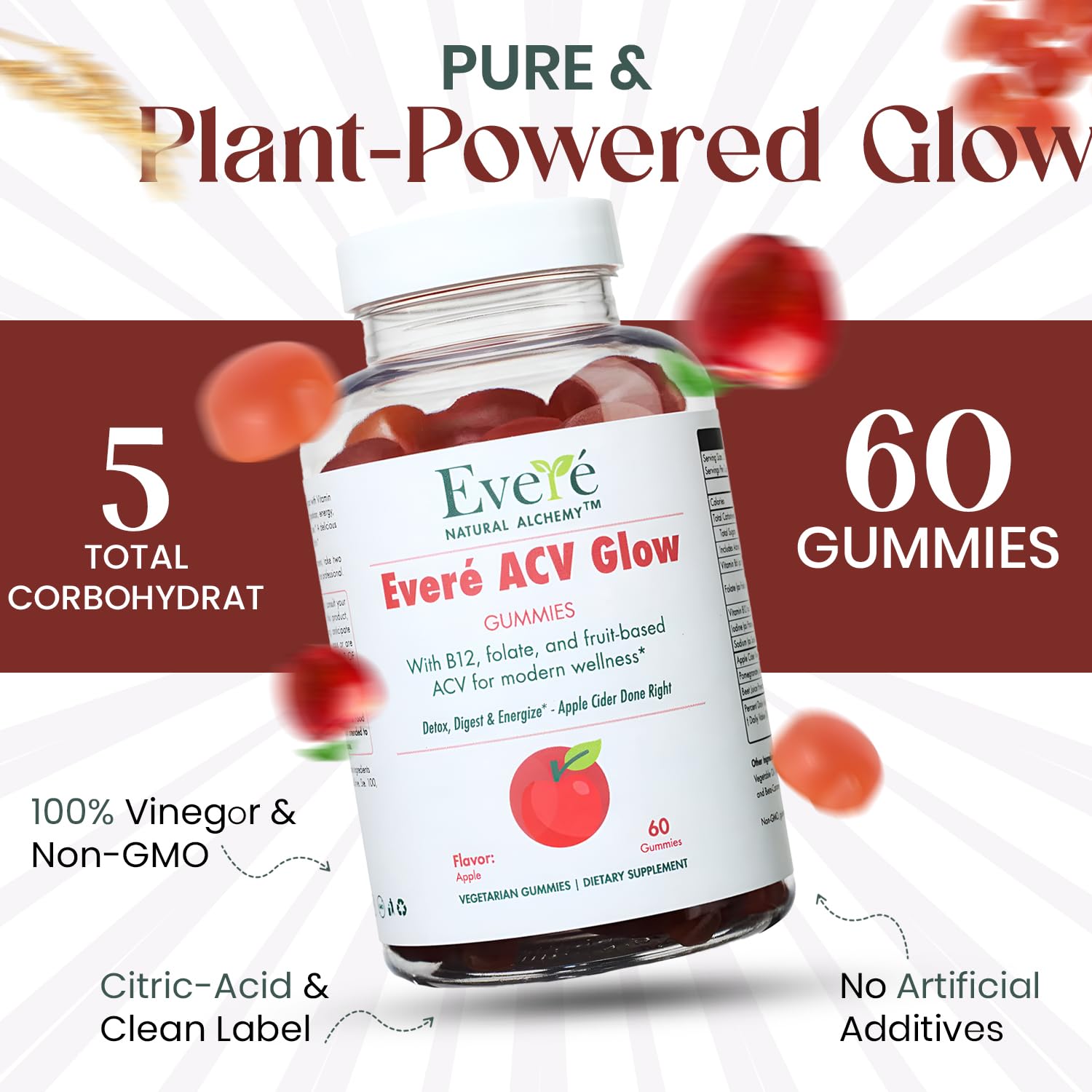 Everé ACV Glow Gummies – Apple Cider Vinegar with B12, B6, Iodine, Folate, Beetroot & Pomegranate – Daily Wellness Support for Energy & Balance - dailyvitalstore