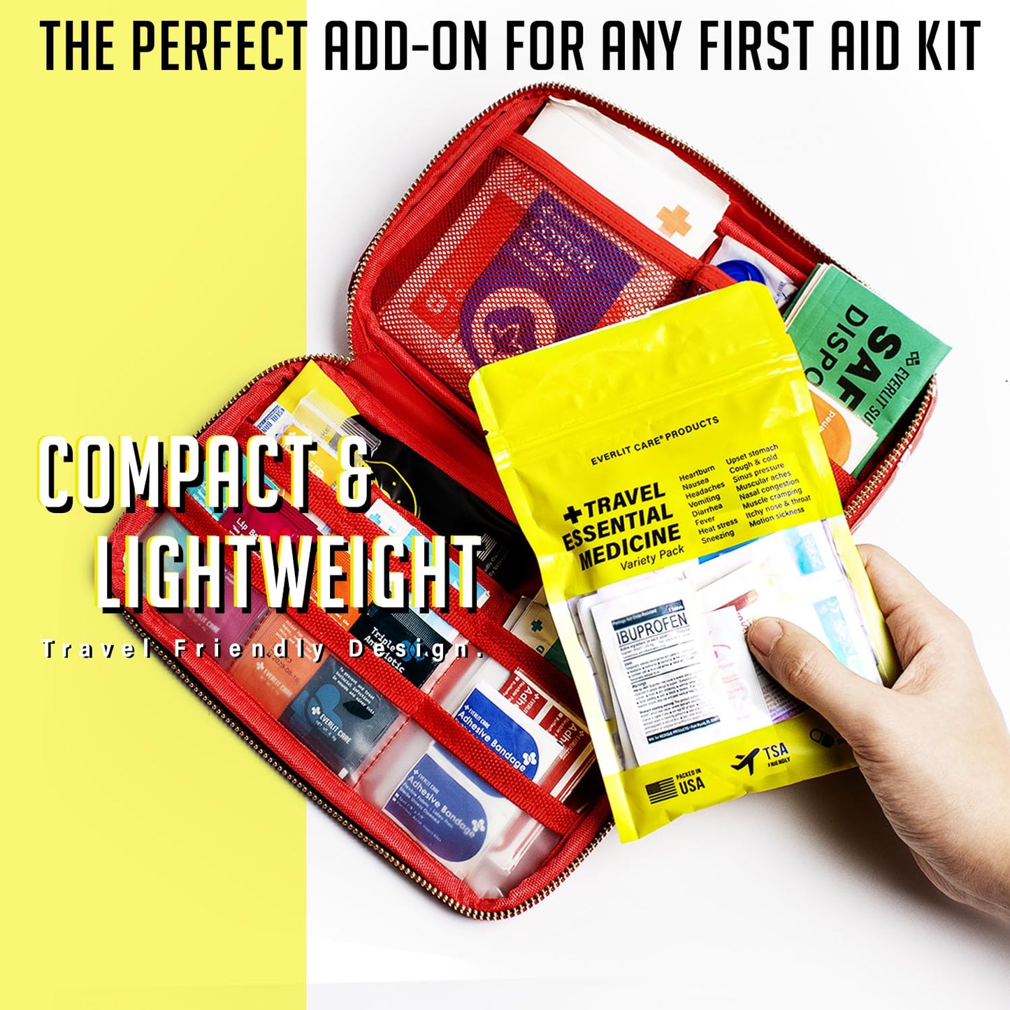 EVERLIT CARE Travel Essential Medicine First Aid Kit I Bonus Medical Supplies I TSA Compliant Mini Size Medkit for Traveling Camping Trips Individually Packed 64 Tablets (Refill Pack) - dailyvitalstore